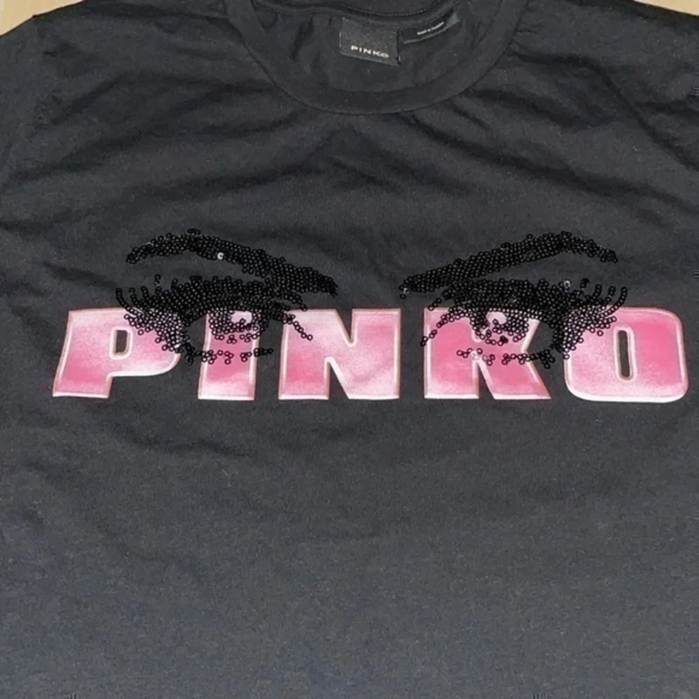 PINKO Sequined Eyes Logo Tee T-shirt in black w/ pink Italy pure 100% cotton XS - Picture 6 of 13